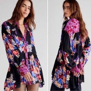 Free People Bunch A Brunch Tunic Top Dress Black Motif Pink Purple Floral‎ Small